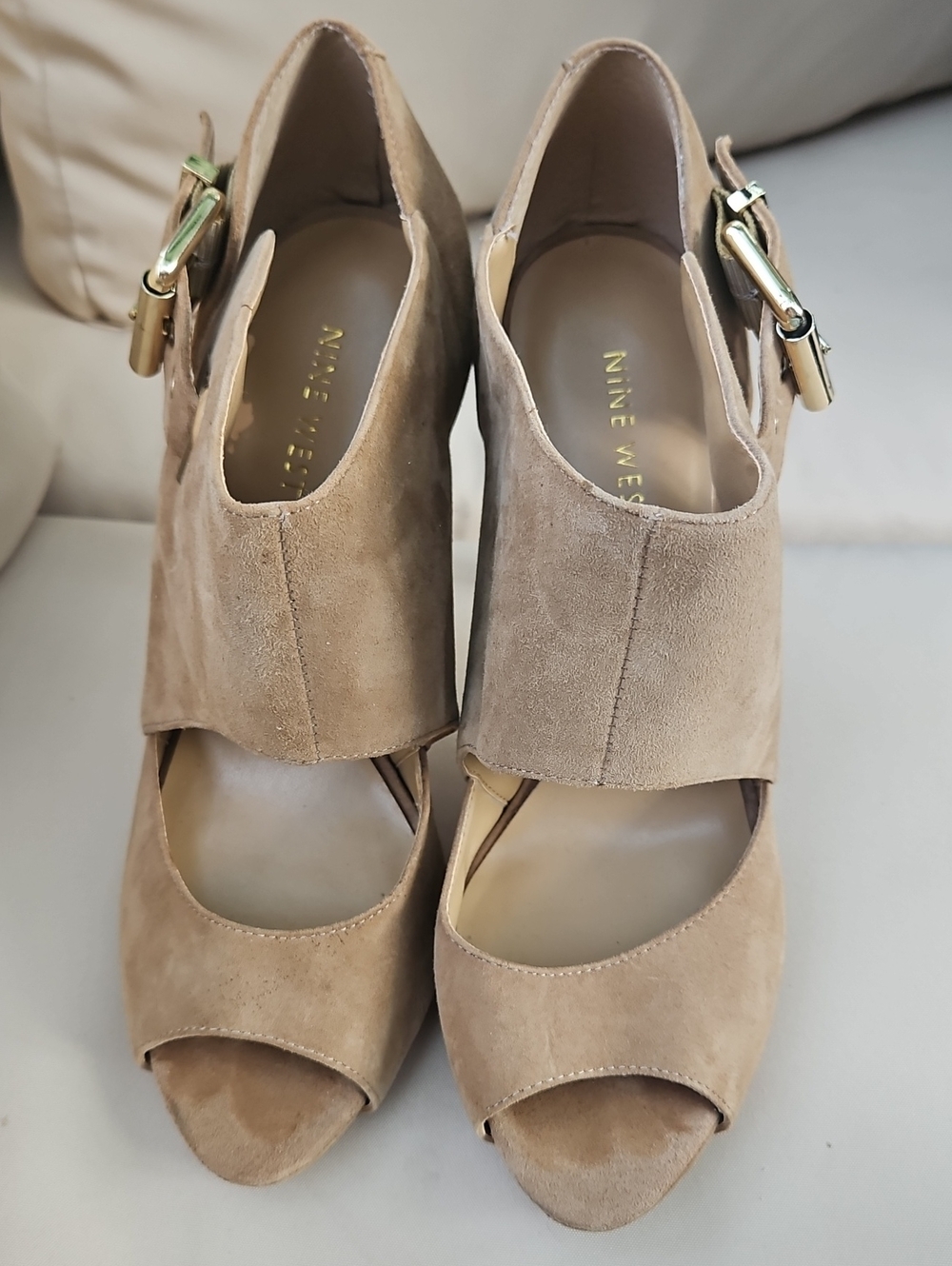 Nine West Tan Suede Peep-Toe Ankle Strap Heels